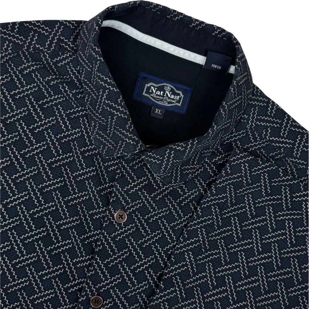 Nat Nast Silk Blend Button Up Shirt Mens XL Blue Geometric Short Sleeve Luxury